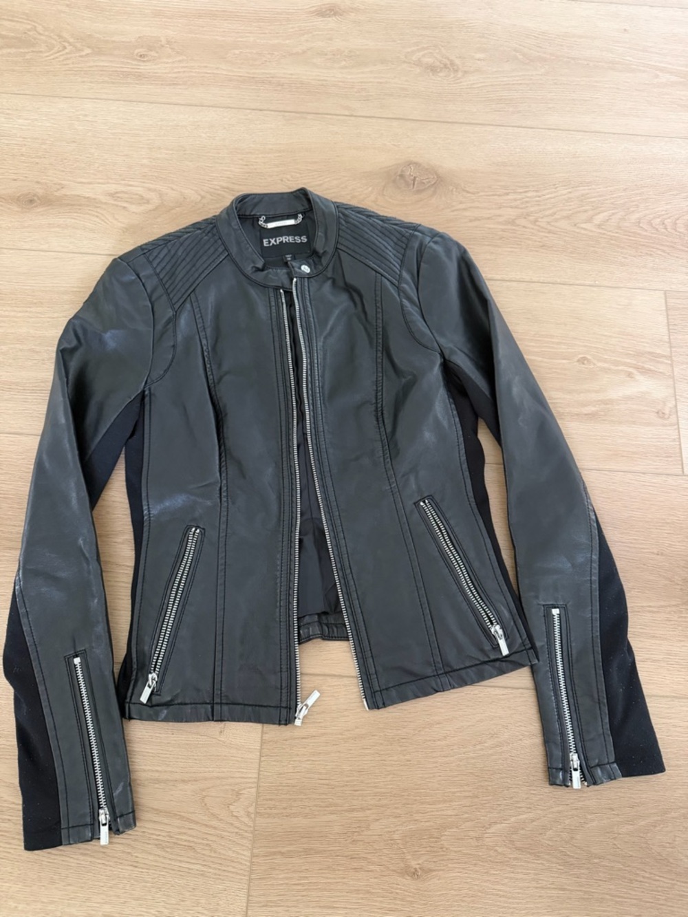Express Black Faux Leather Moto Jacket with Zip Details